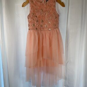 Girls Peach Floral Sequin Tulle Party Dress (8)
